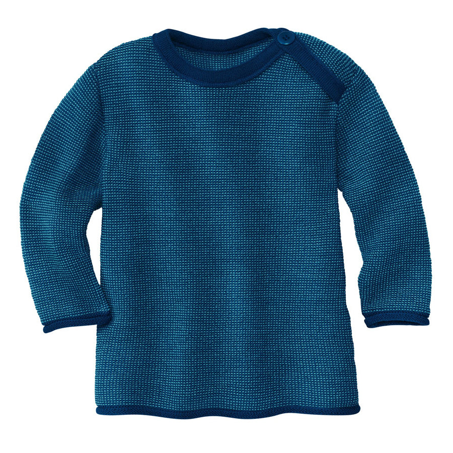 Disana melange sweater in navy-lagoon. Made of 100% soft merino wool.