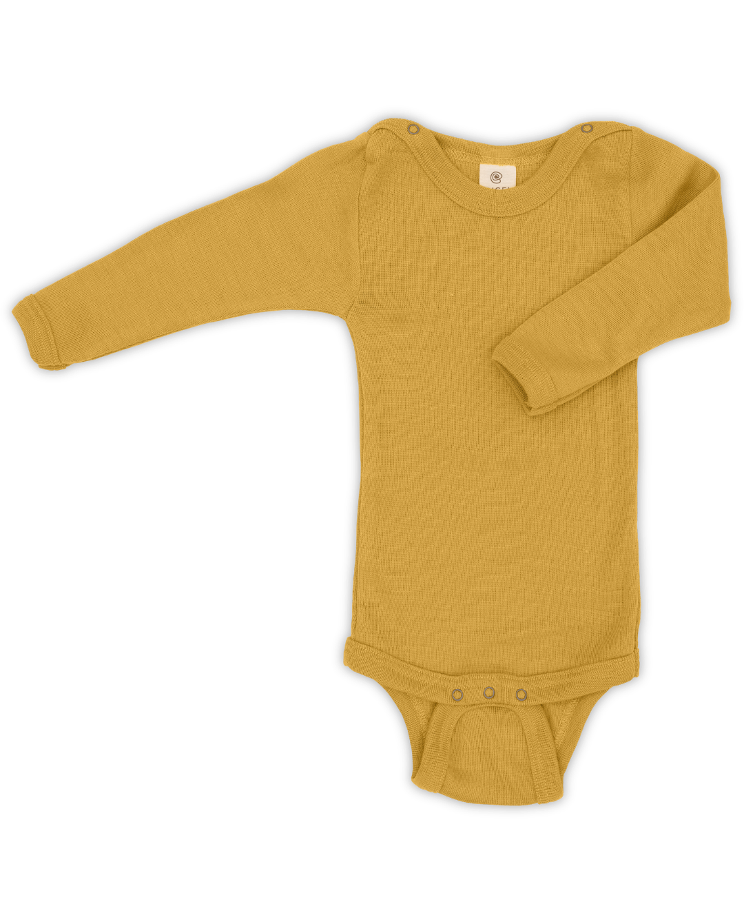 Engel long sleeved wool silk snap bodysuit in saffron