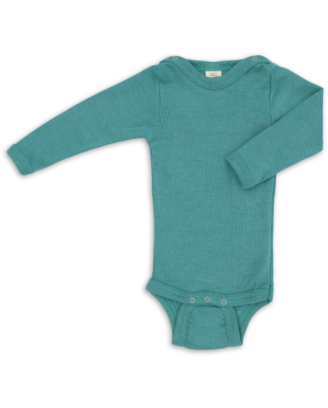 Engel long sleeved wool silk snap bodysuit in teal