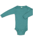 Engel long sleeved wool silk snap bodysuit in teal