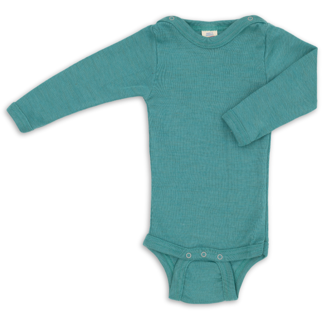 Engel long sleeved wool silk snap bodysuit in turquoise