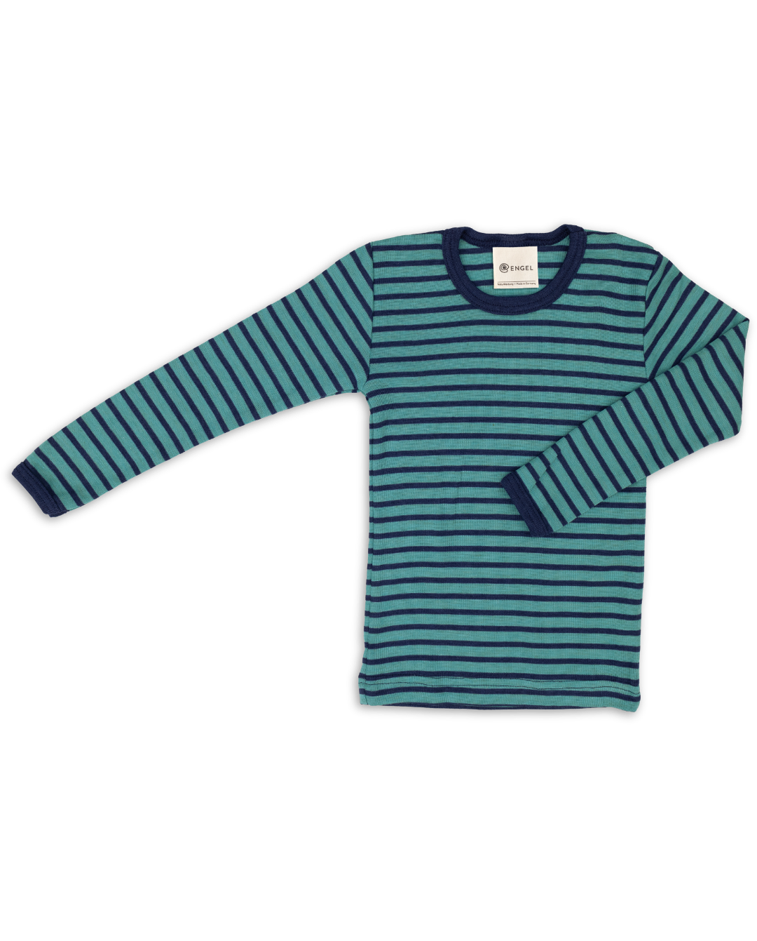 Engel wool-silk long sleeve thermal layer, in teal navy stripe.