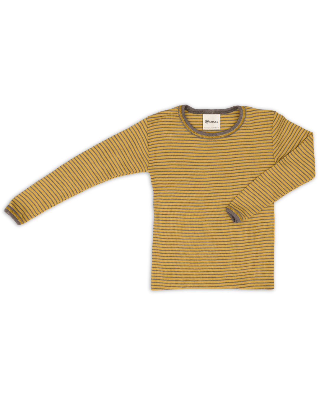 Engel wool-silk long sleeve thermal layer, in saffron walnut stripe.