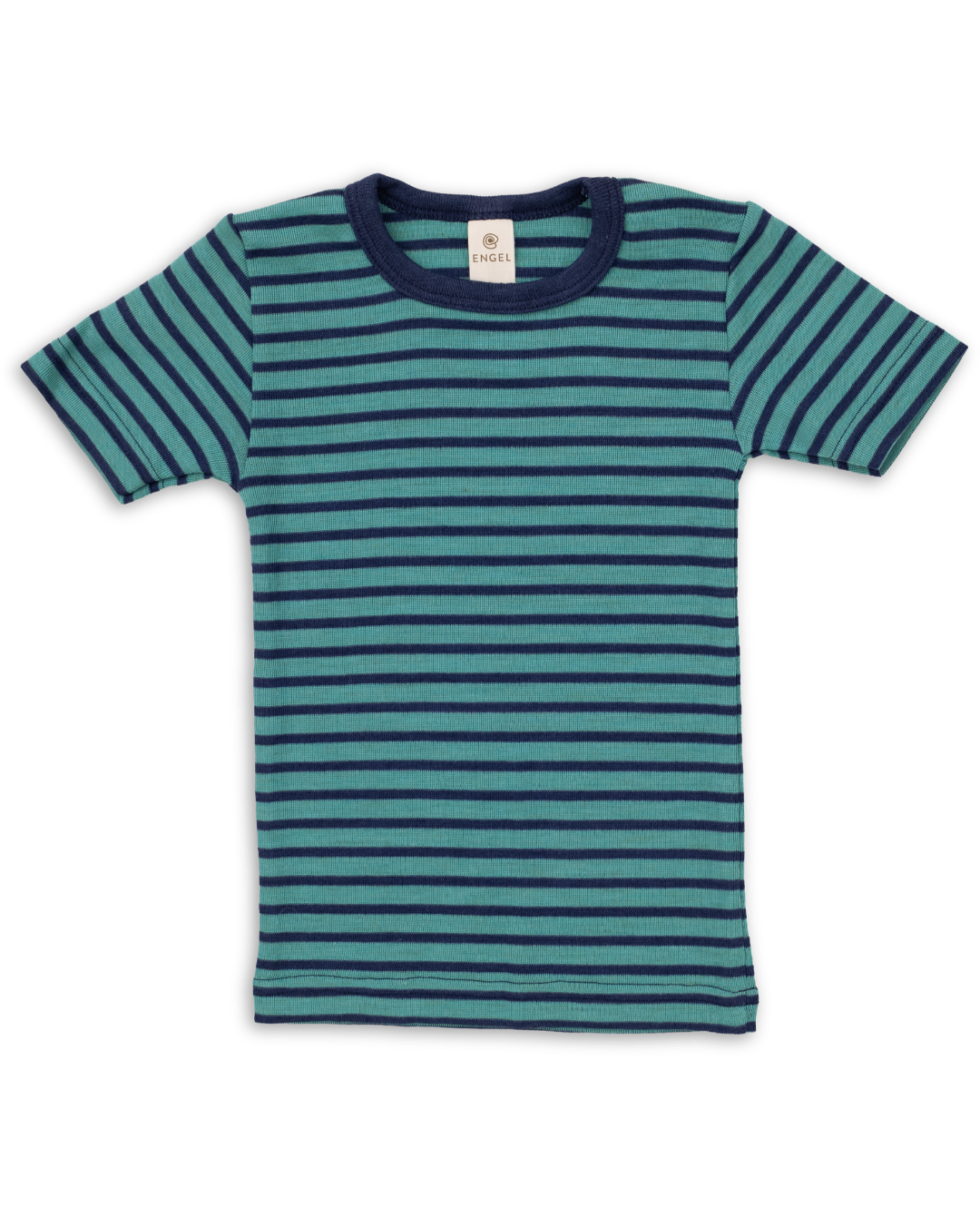 Engel striped tee made of a wool/silk blend in navy and turquoise. 