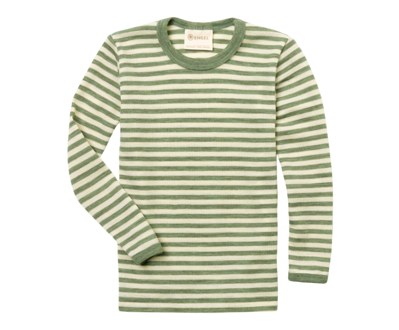 Engel kids thermal layer made of 100% wool in sage-natural stripe.
