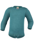 Engel long sleeved wool silk snap bodysuit in ice blue/teal