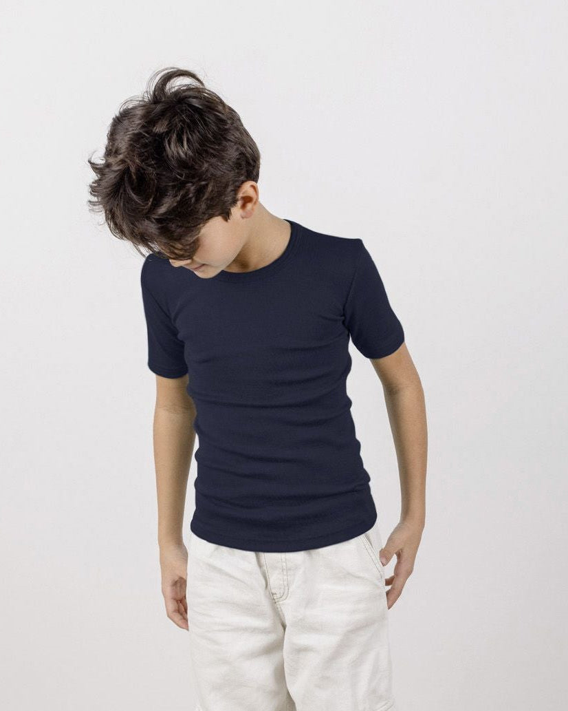Lifestyle photo of Engel children's wool silk tee in navy