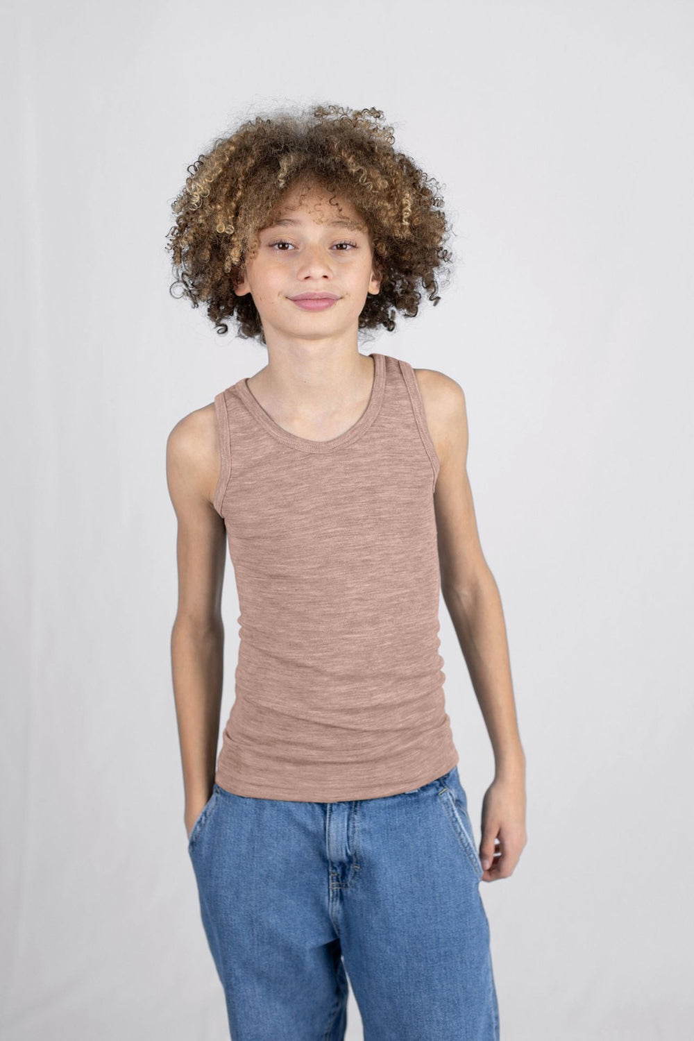 child wearing Engel dusty rose wool silk tank