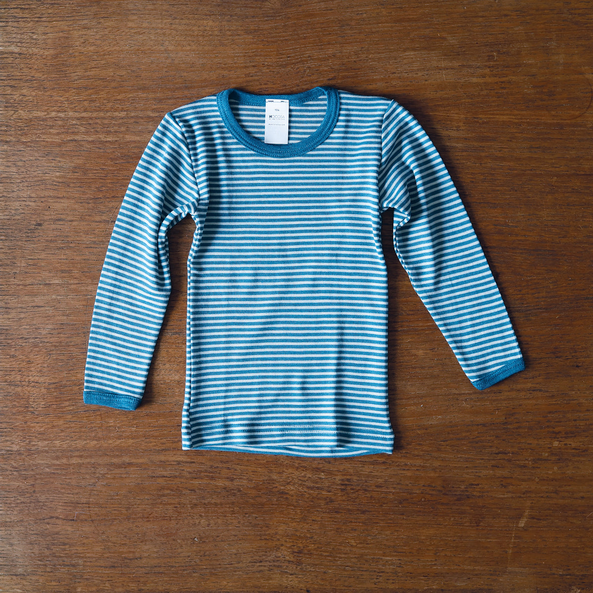 Hocosa wool-silk children's shirt in teal-natural stripe