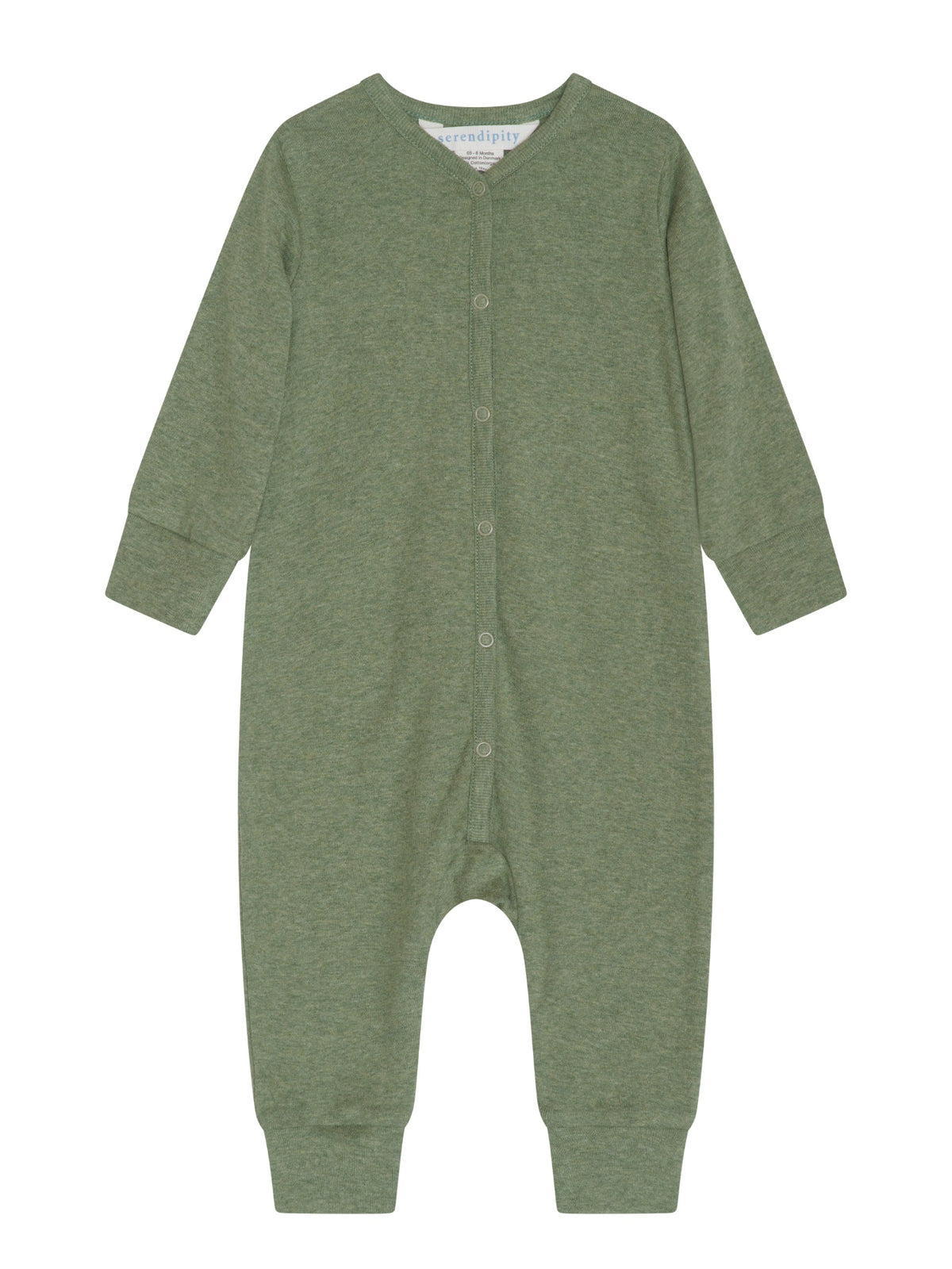 serendipity cotton long sleeve overall in moss with snap enclosure