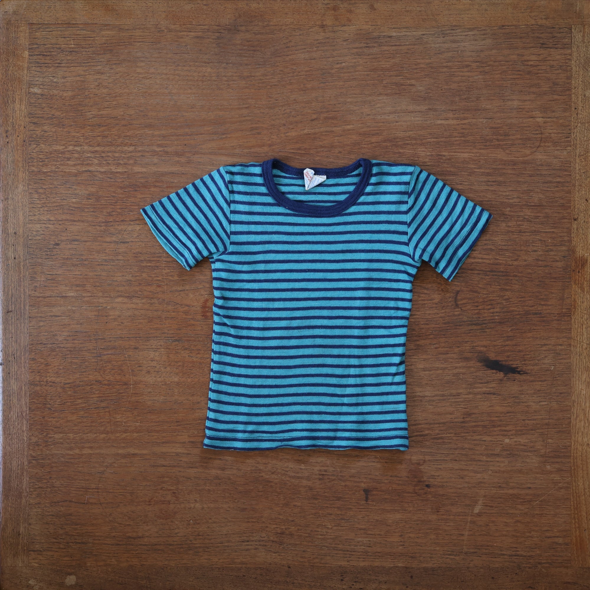 Preloved Engel striped wool/silk children's tee in navy turquoise stripe