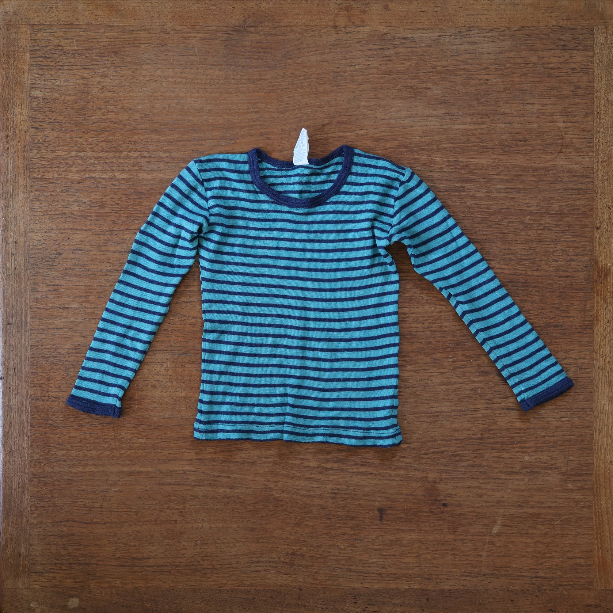 Preloved engel turquoise navy stripe wool/silk long sleeve shirt