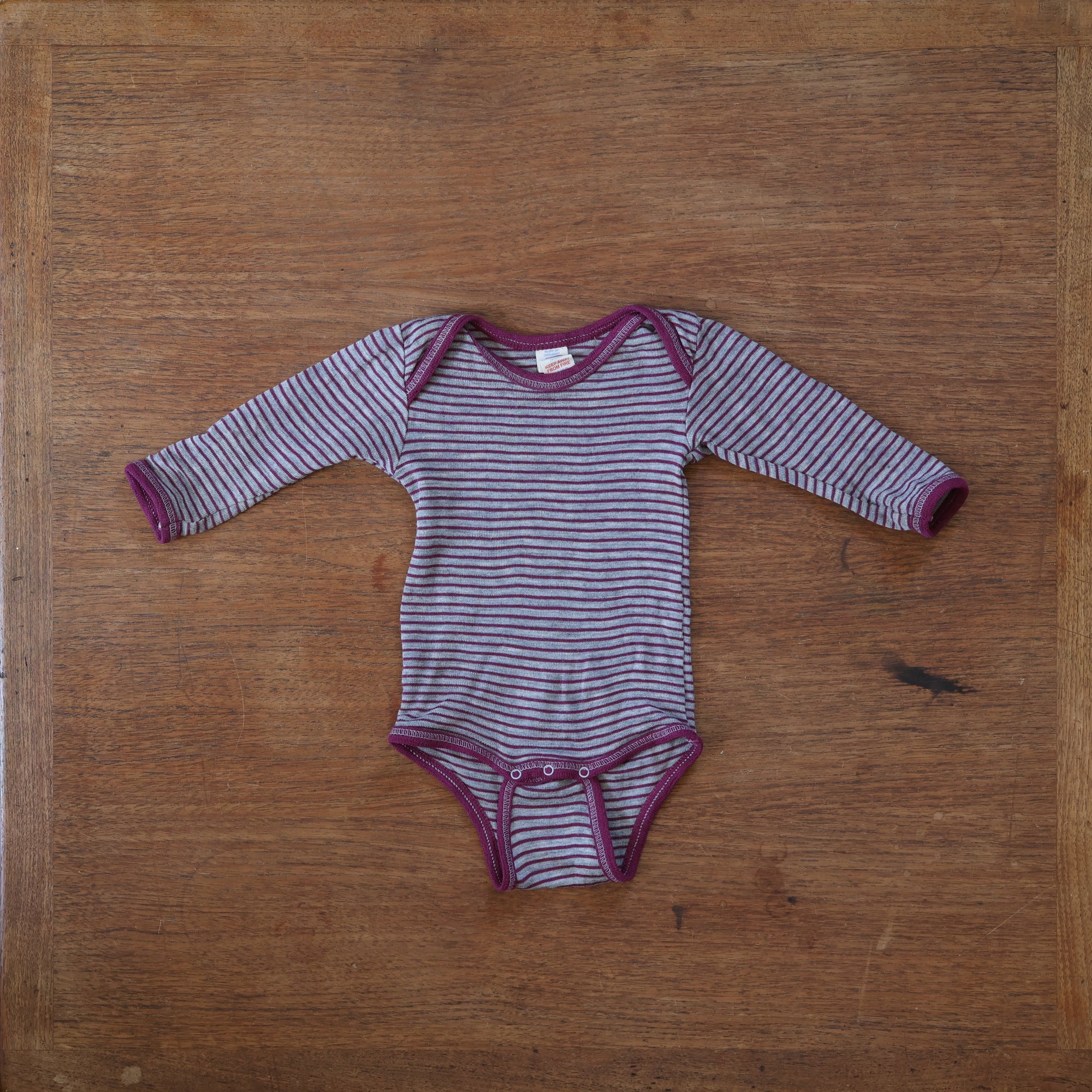 Preloved engel wool-silk bodysuit in orchid gray thin stripe