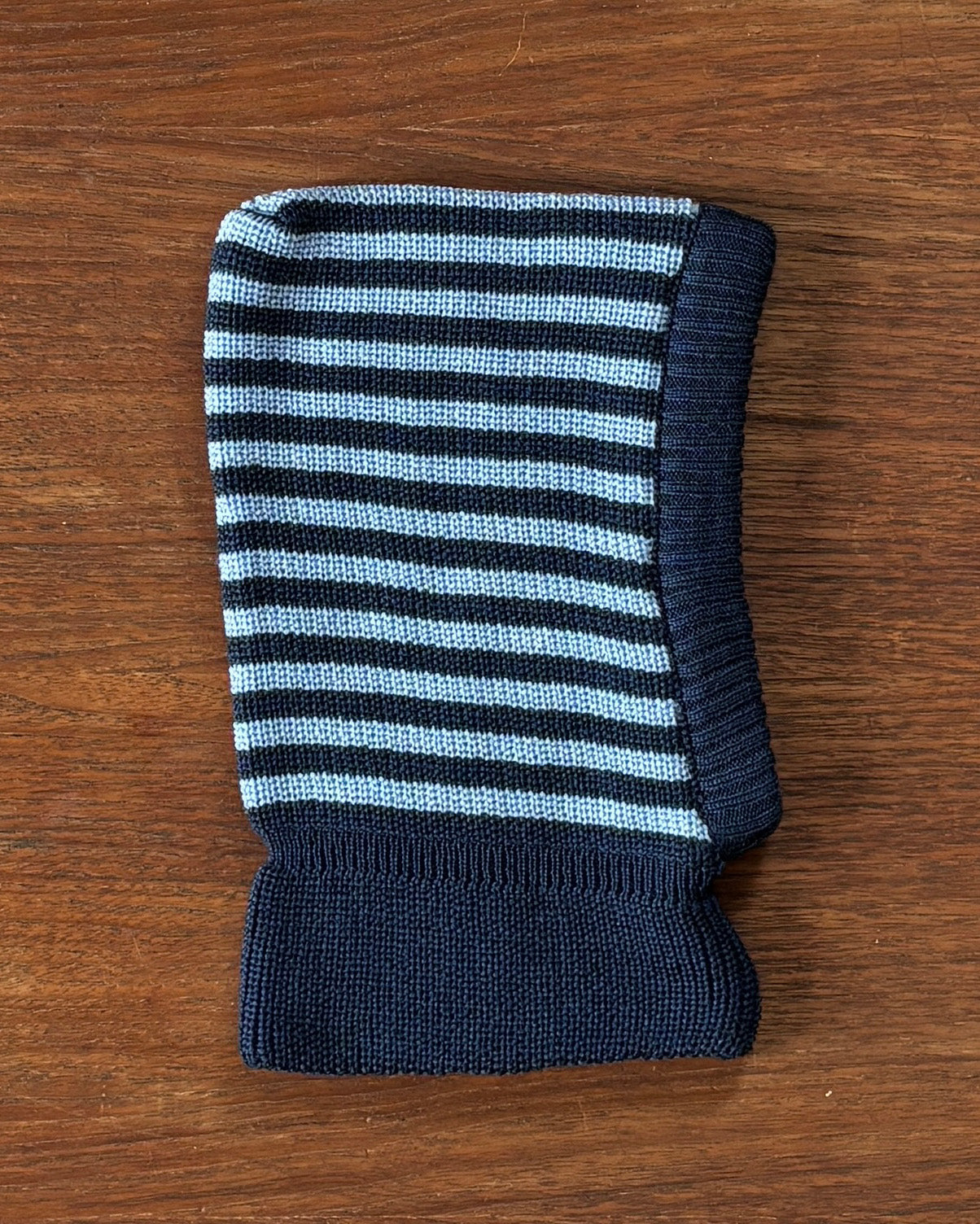 Lifestyle photo of Navy-Light-Blue striped wool balaclava by Reiff