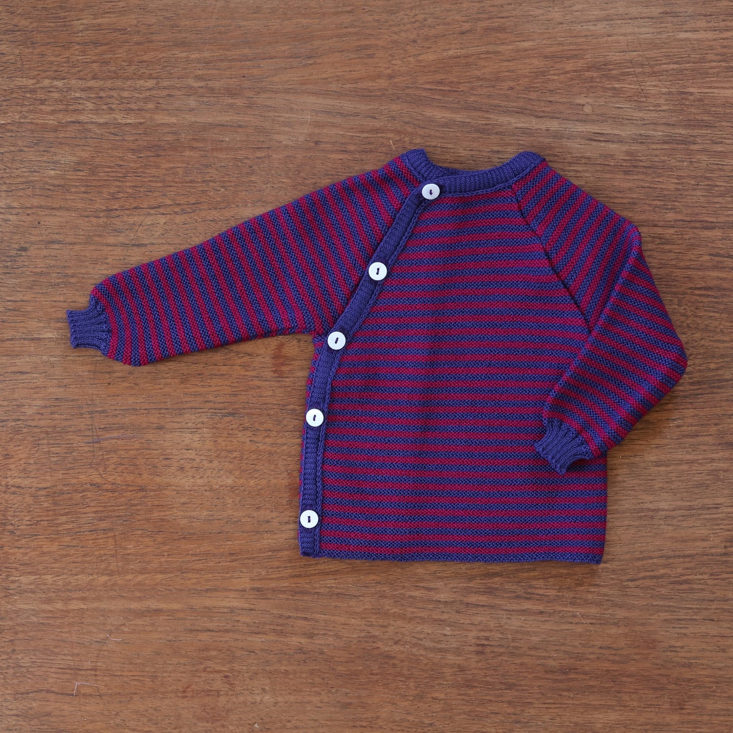 Reiff striped wool side button cardigan in purple berry 
