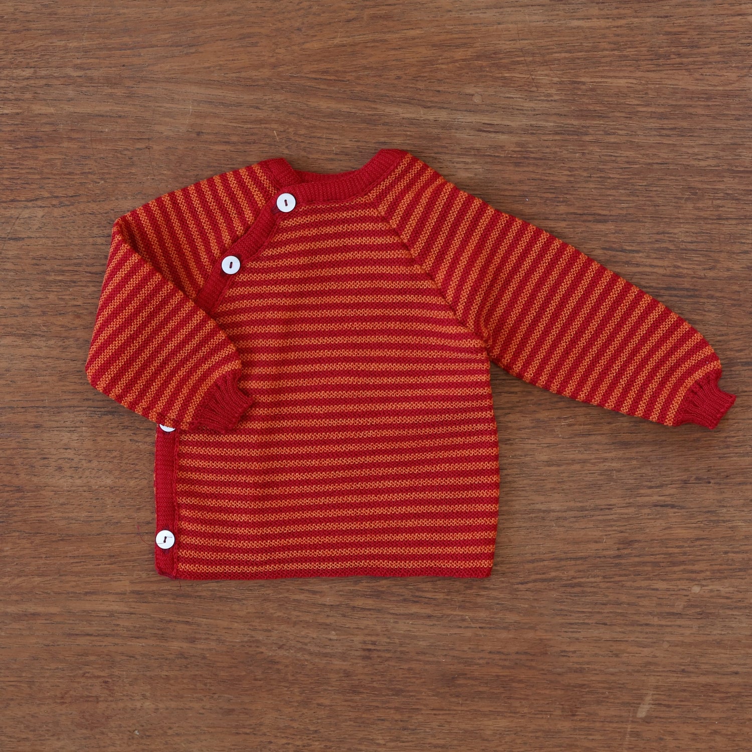 Reiff striped wool side button cardigan in orange cayenne stripe