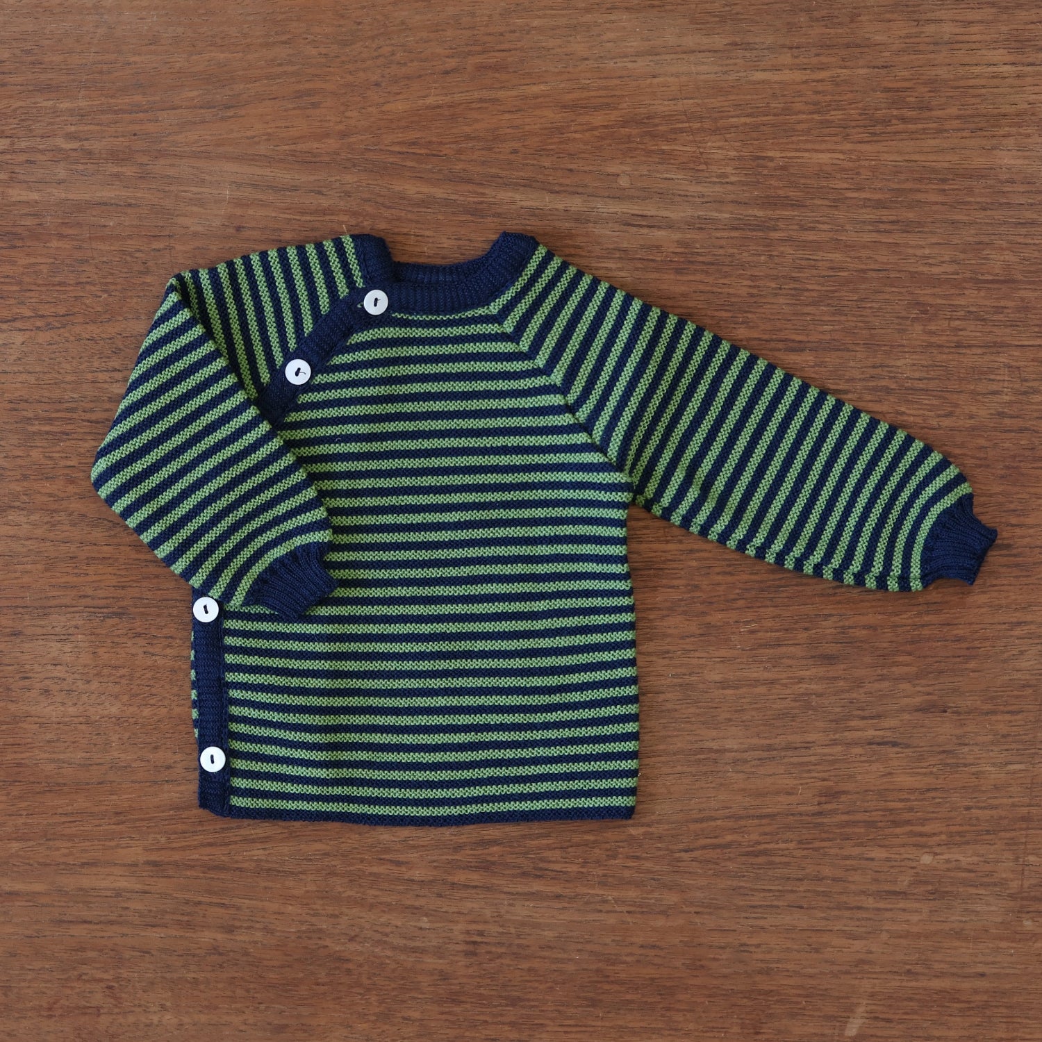 Reiff striped wool side button cardigan in navy apple 
