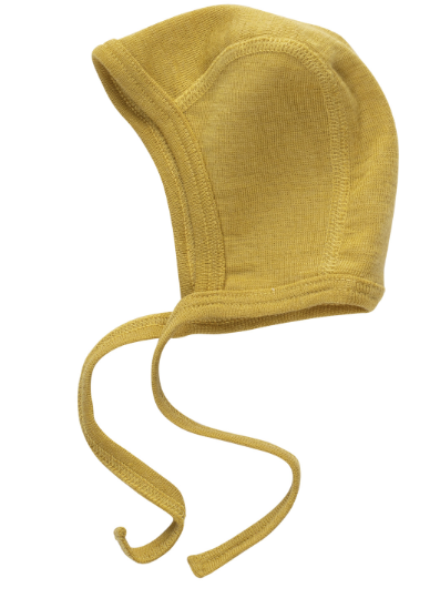 Engel wool silk blend baby bonnet in mustard