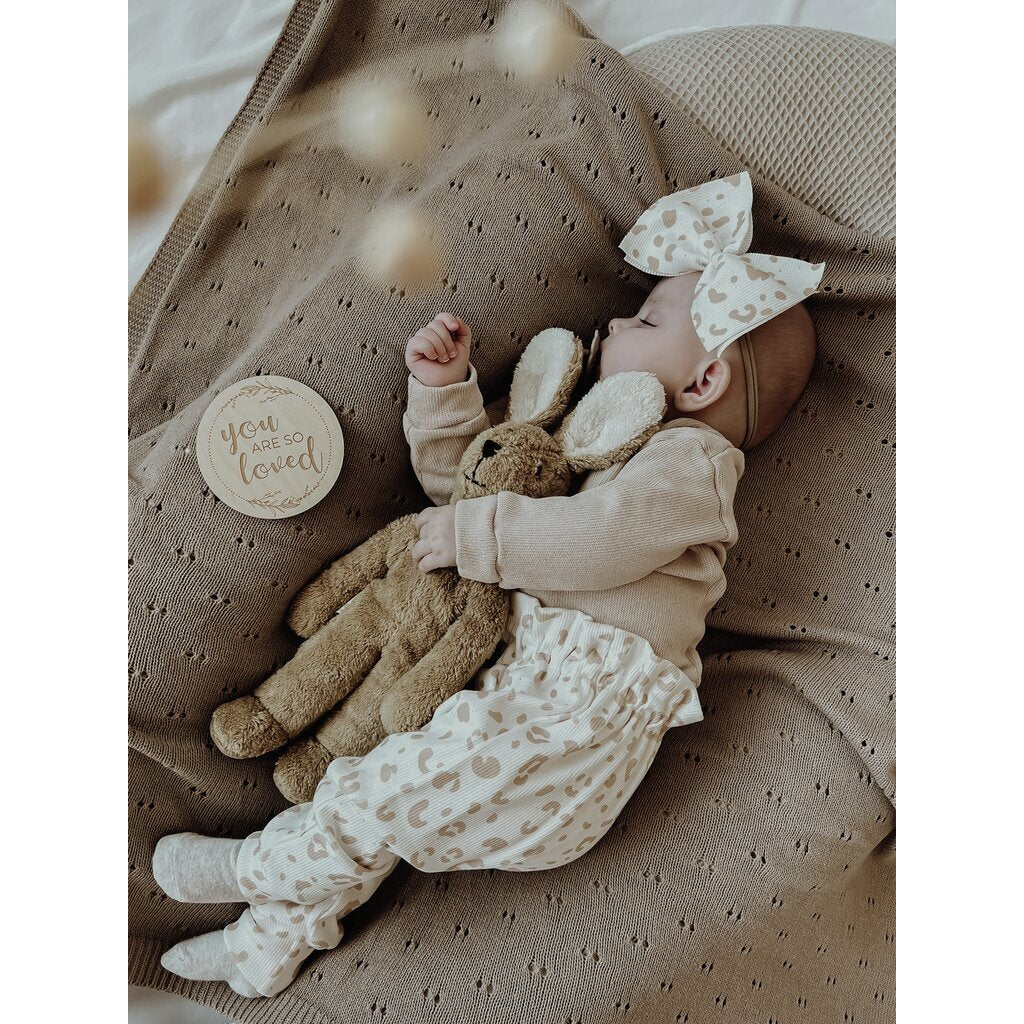Baby sleeping with the Large Senger organic cotton non-toxic floppy beige rabbit 