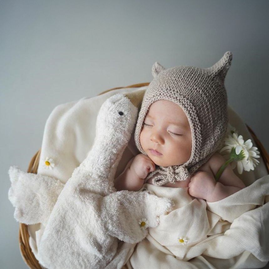 Baby sleeping next to the small cuddly Senger organic cotton non-toxic goose