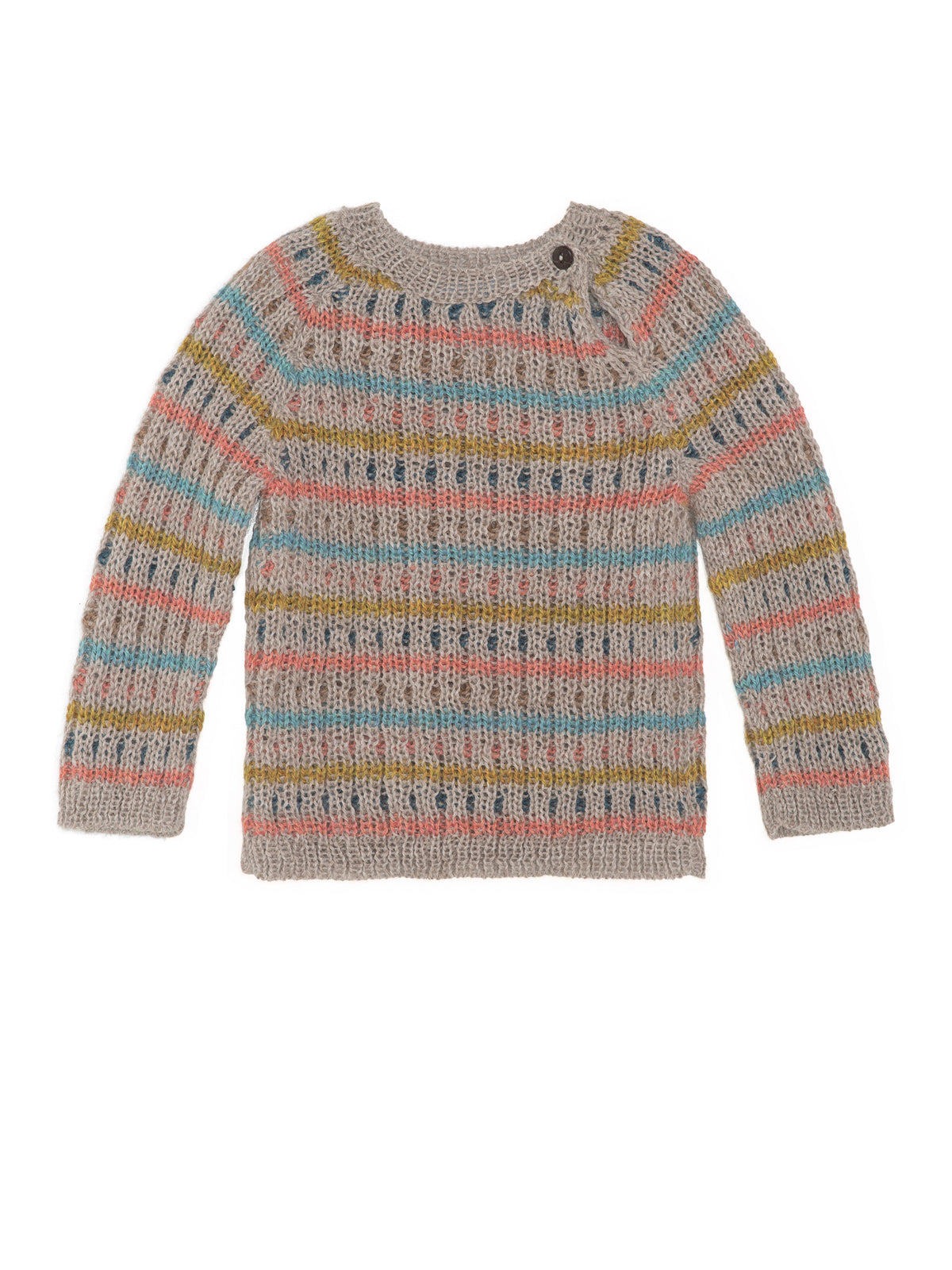 Serendipity's alpaca multicolored rib knit sweater with horizontal stripes of blue, yellow, pink, and brown over a gray base