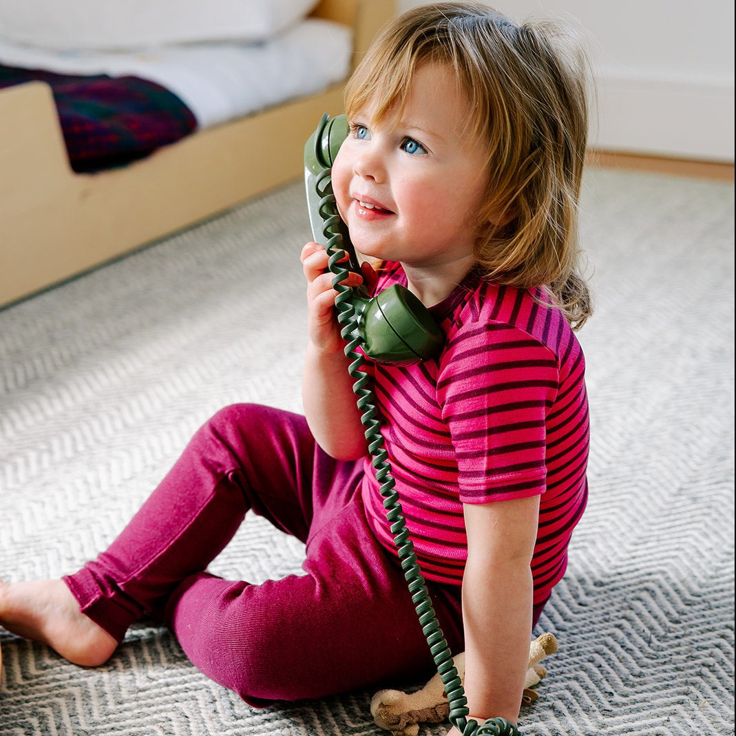 Toddler in striped raspberry and orchid wool and silk Engel tee