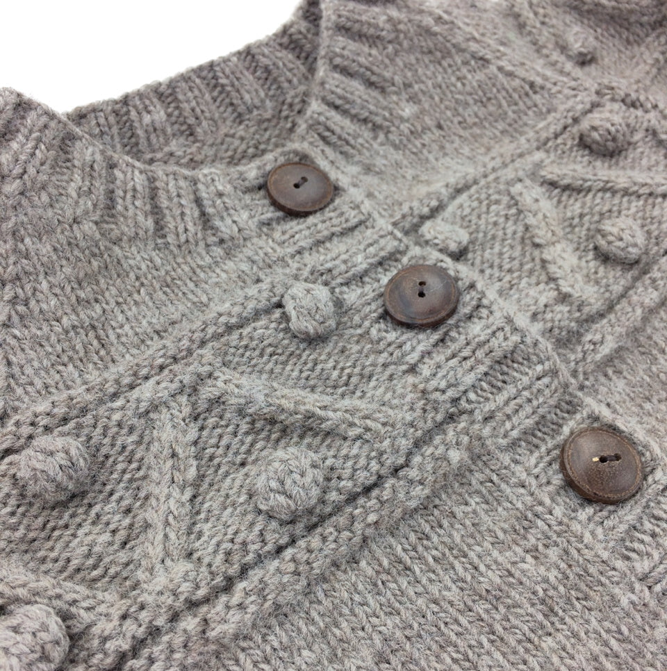 close up of bobble knit cardigan in caribou brown