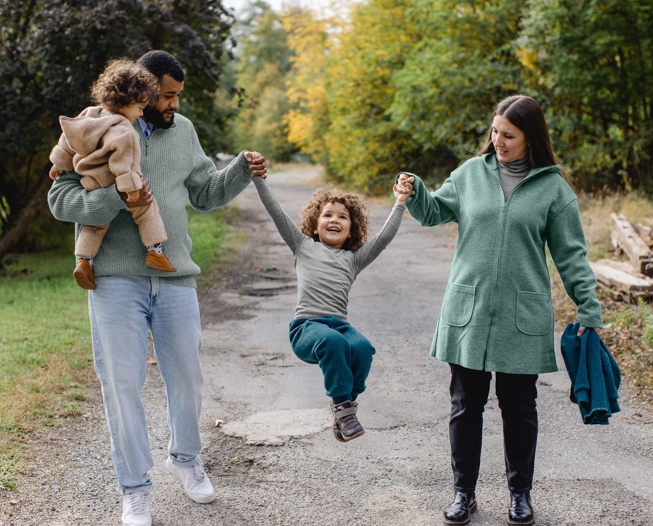 Lifestyle photo of the Engel boiled wool kids pants in Pacific