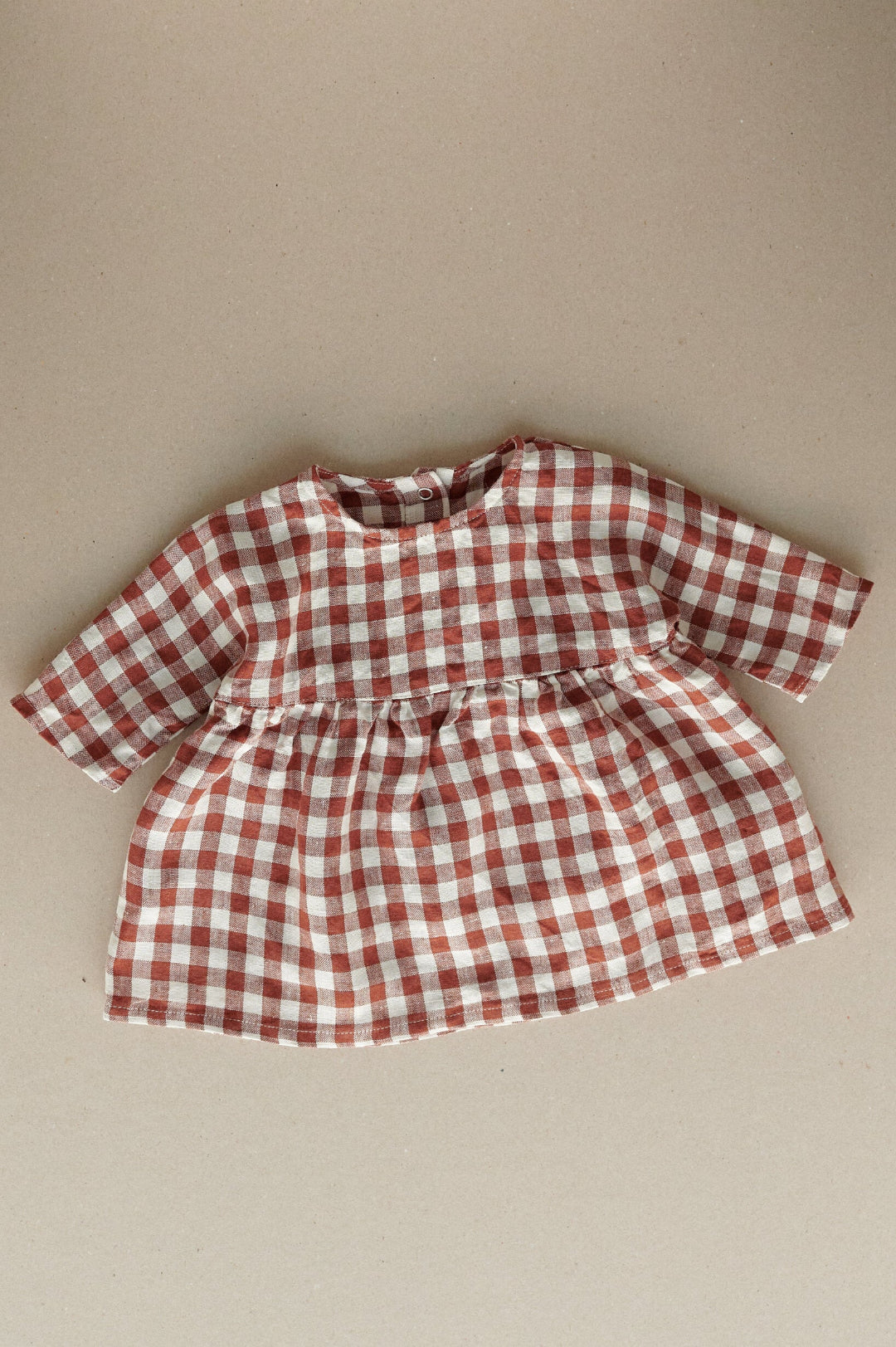 Long sleeve linen dress in terracotta gingham