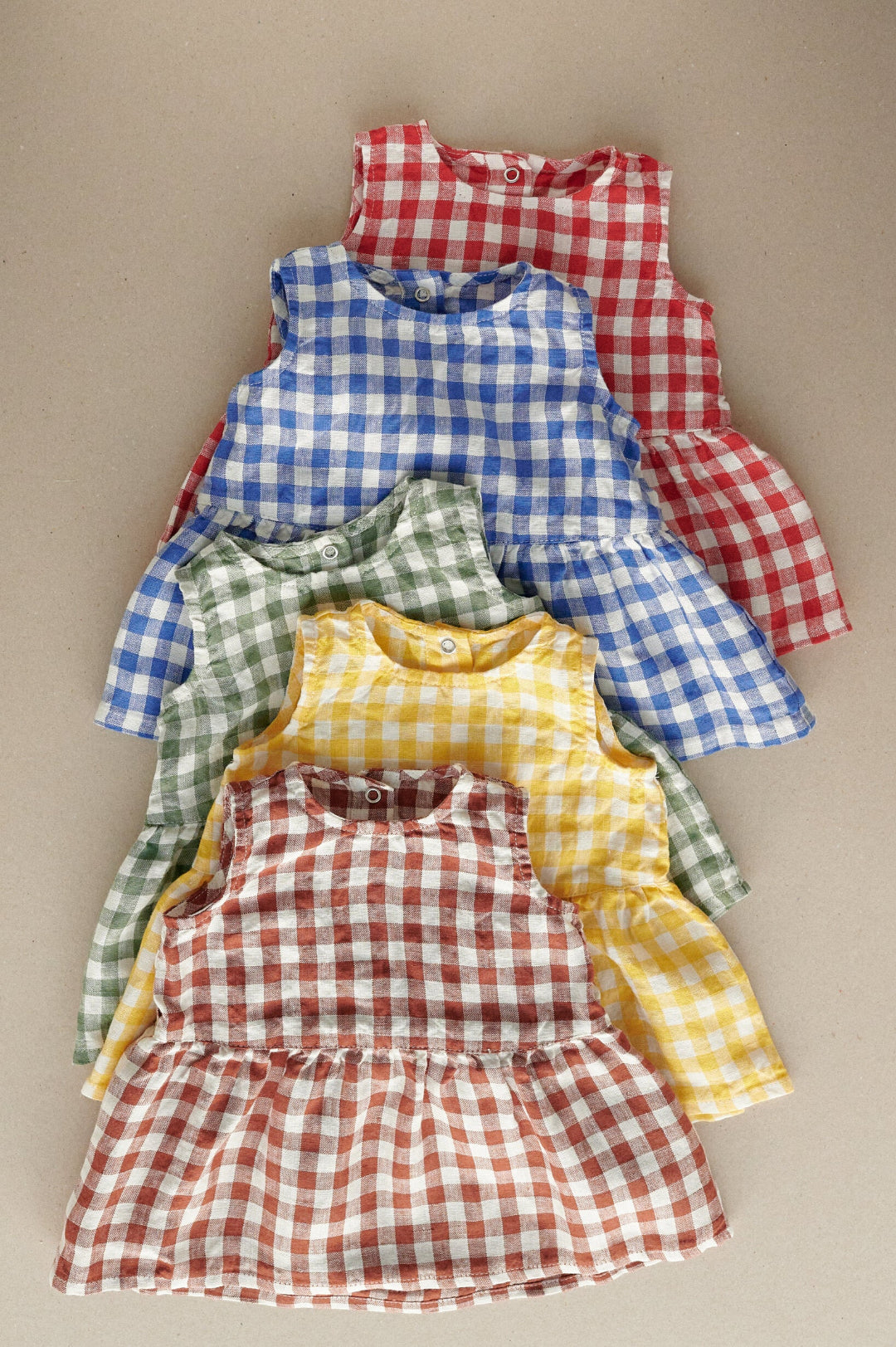 Array of gingham colors for linenfox sleeveless linen dresses 