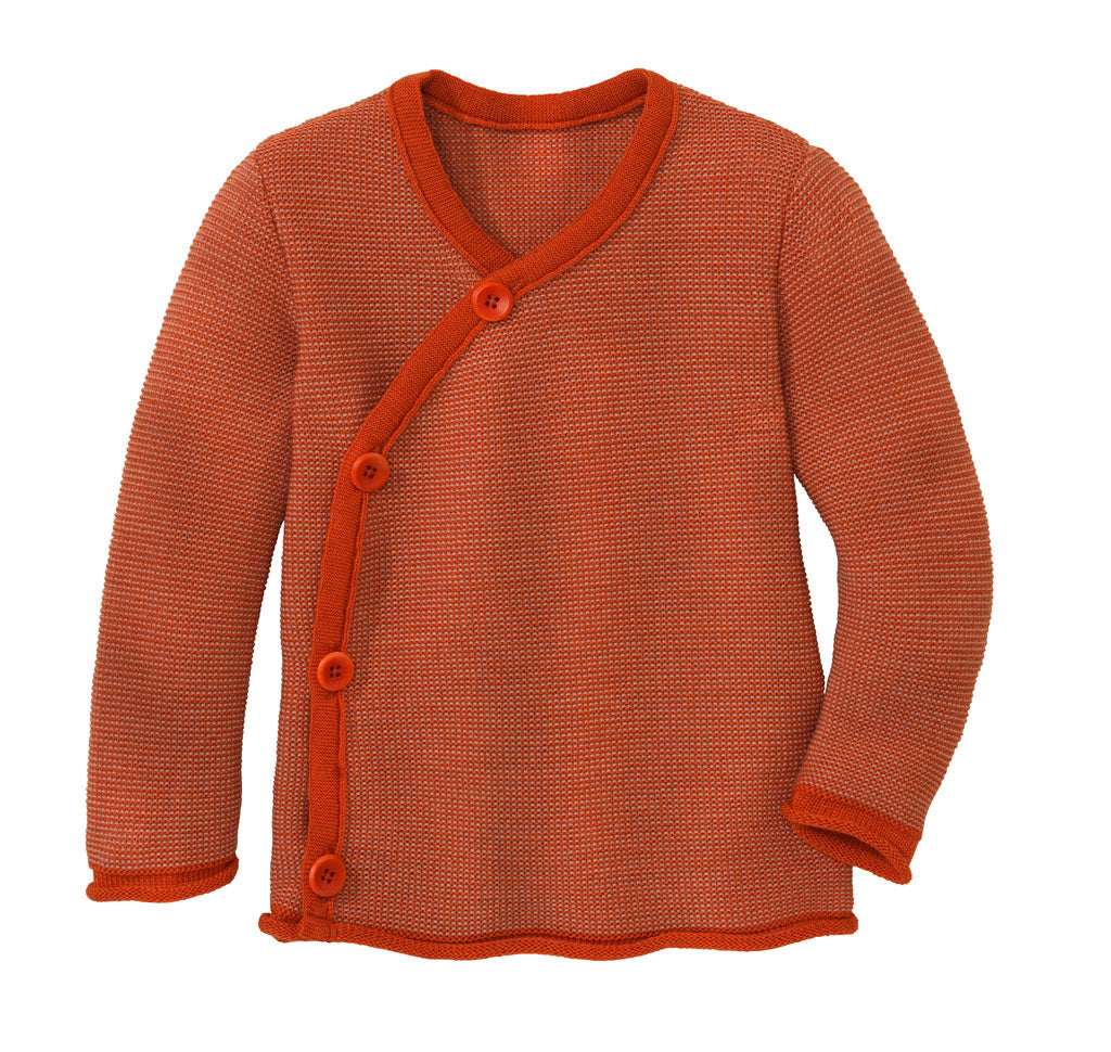 Disana side button sweater in orange-rose. Made of soft 100% merino wool
