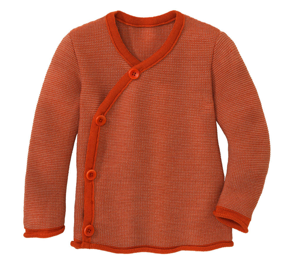 Disana wool melange side button sweater in orange-rose.